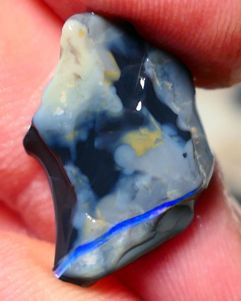 Mulga Rough Opal Gamble 9cts Dark Base Seam Blue fires in vertical bar to Cut / carve & polish 21x15x6mm Auction NS130