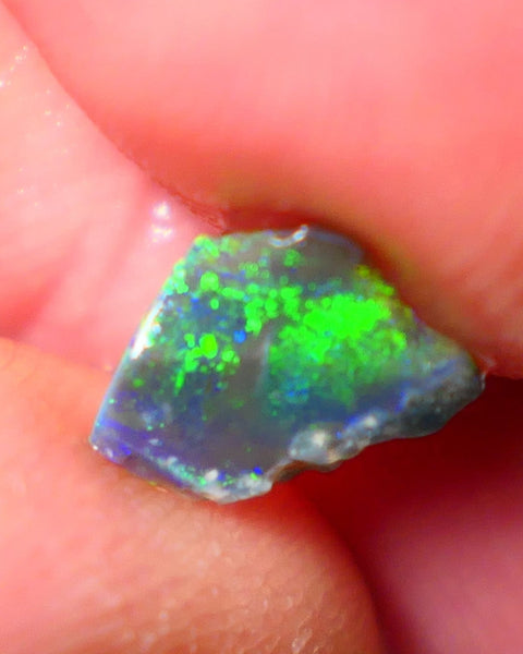 Mulga® Green/Blue dominant Multifires on Black Opal Rough Rub Miners Bench® 0.75cs Gorgeous face 10x6x2mm NS153