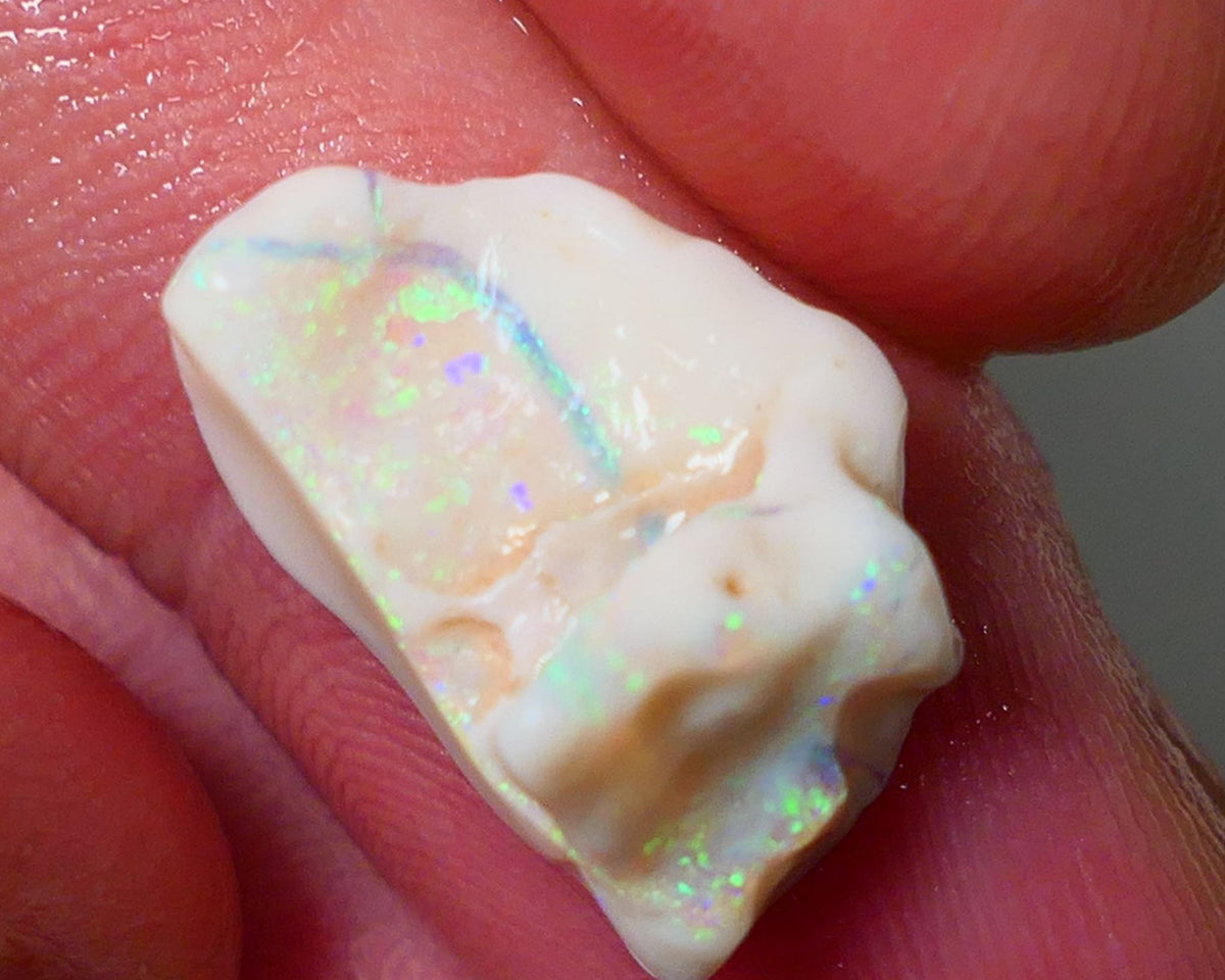 Lightning Ridge Rough Opal 5.75cts Light/Grey Base Seam Nice bar to cut with Bright Green Dominant  Multi colour fires 17x11x9mm NS177