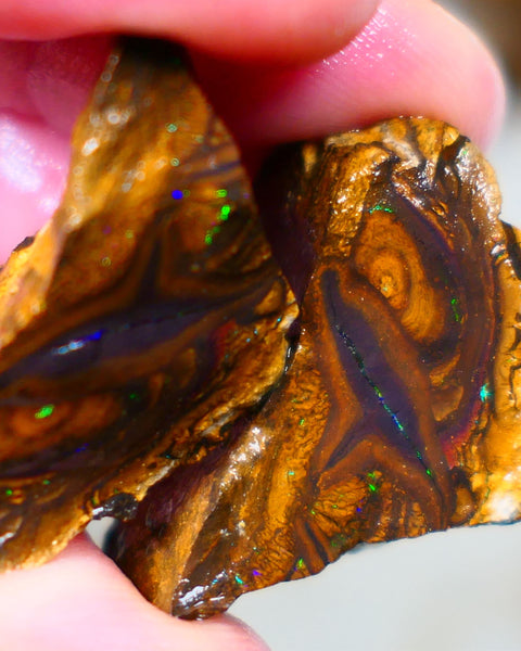 Winton Boulder opal rough split pair Ironstone host 115.00cts Green & Blue fires 32x19x18mm & 26x12x13mm Auction68