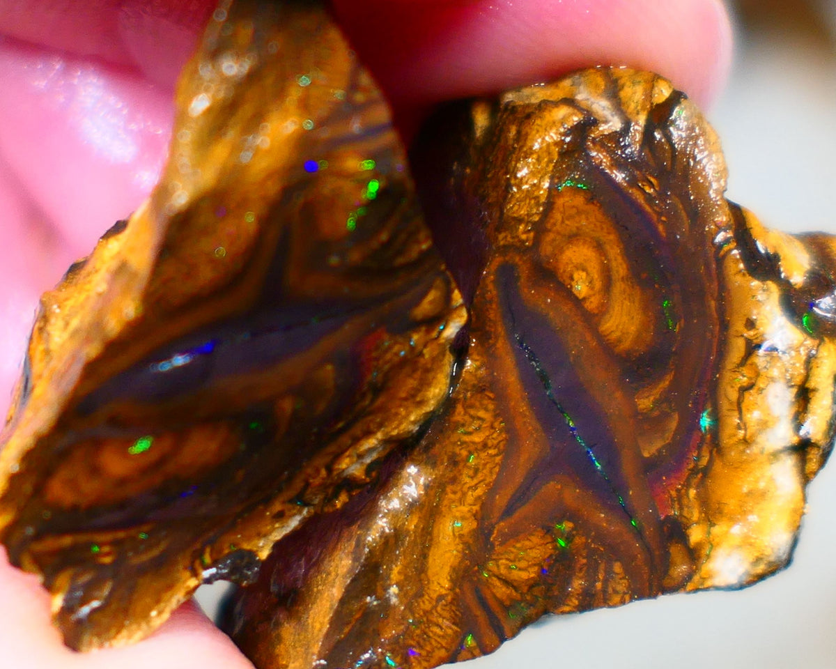 Winton Boulder opal rough split pair Ironstone host 115.00cts Green & Blue fires 32x19x18mm & 26x12x13mm Auction68