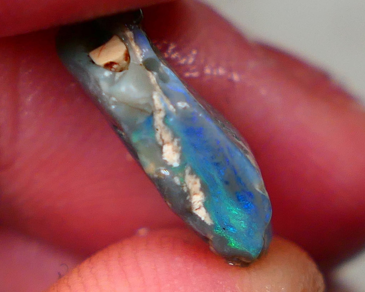 Lightning Ridge Rough Dark base knobby opal 4.50cts showing Greens & Blues in exposed side of bar with blue showing through the skin gamble to cut 16x10x5mm Auction90