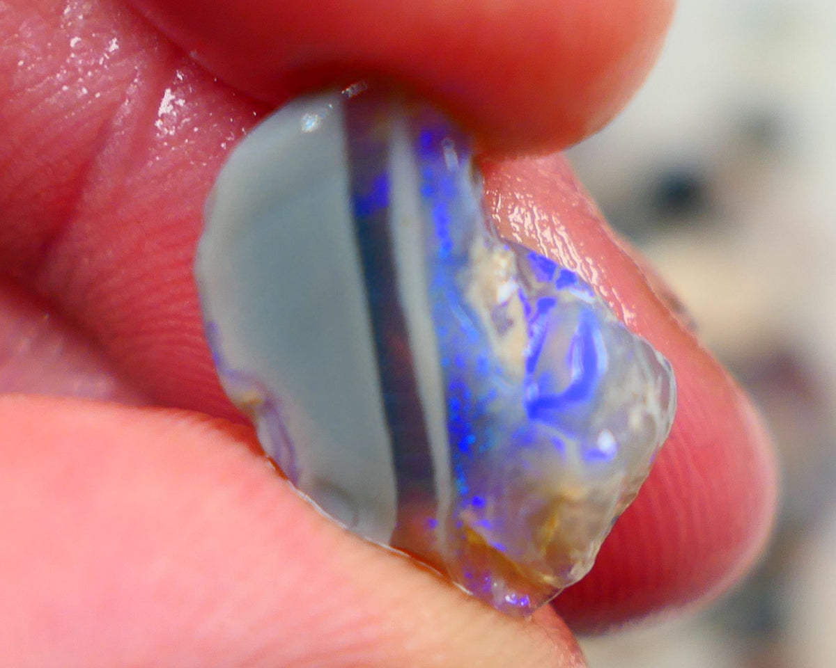 Lightning Ridge Rough Opal 6.00cts Crystal opal carrying fire sat on a bar with blues sat on dark base mother nature hey? Sold as gamble 17x10x7mm Auciton168