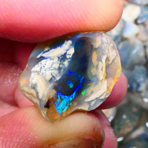 Lightning Ridge Dark Crystal base Knobby split 25.50cts Sun Flashes & Patterns of Green/Yellow/Orange/Blue dominant M.fires 24x19x12mm & 22x13x12mm NSW105