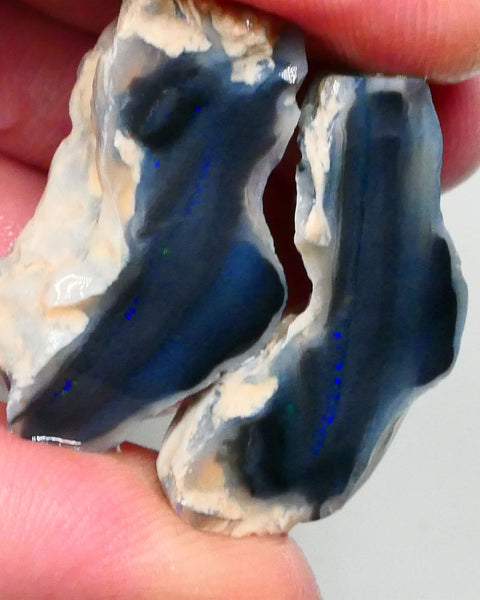 Large Sized Lightning Ridge Black Knobby opal Split pair 53.50cts Thin bars showing some blue fires to chase 28x21x12mm & 30x15x12mm NSW108