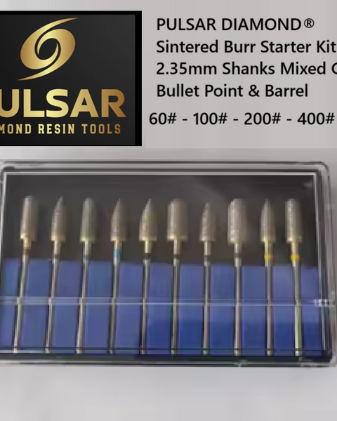 PULSAR DIAMOND® Lapidary Starter Set 10 x Fully Sintered Diamond Burr 2.35mm Shank Bullet & Barrel Points in 60# 100#  200# 400# 800# Grits for grinding Opal & Gemstones, Glass, Stone, Metal Polishing Fits Dremel Foredom & Pulsar tools