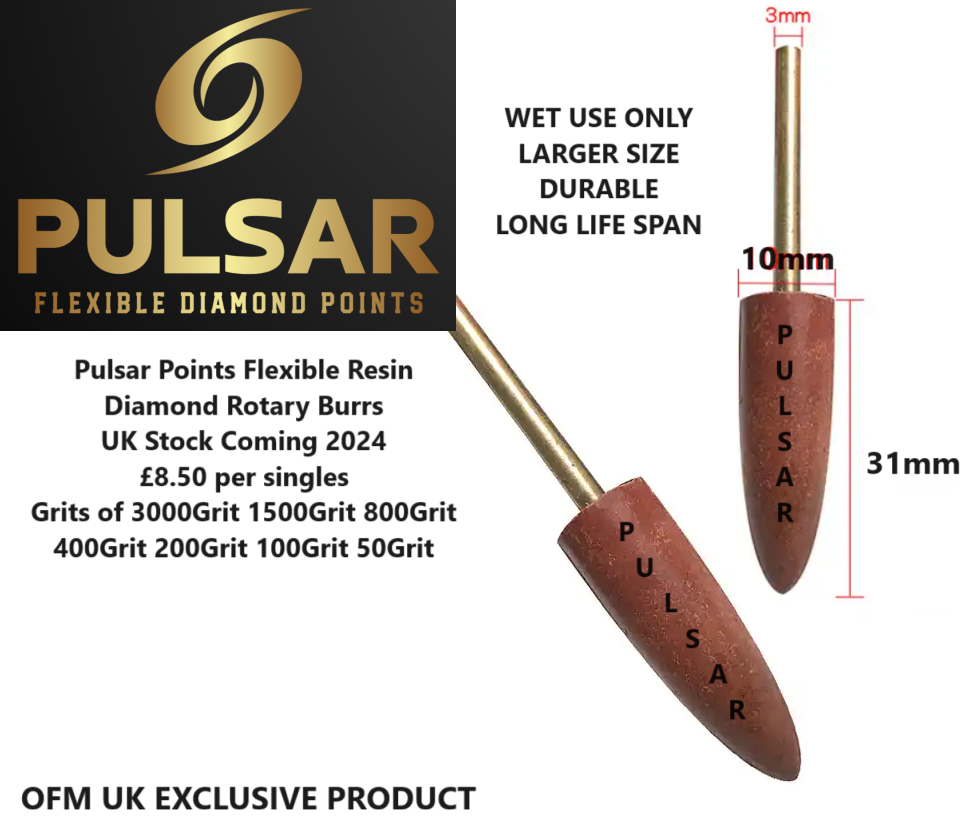 OFM'S PULSAR™ POINTS DIAMOND RESIN BURRS FOR DREMEL & ROTARY TOOLS 3MM SHAFT SET OF 5 GRITS FROM 200GRIT - 3000GRIT