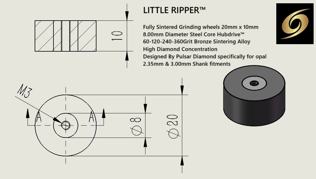 New for 2025 PULSAR DIAMOND® Fully Sintered Grinding wheels 20mm x 10mm 60-120-240-360Grit Bronze High Diamond Concentration Designed for opal LITTLE RIPPER™ Hubdrive™ M3 Screw on Grinding/Burr wheels Lapidary rotary tools carving 2.35mm or 3.00mm shanks