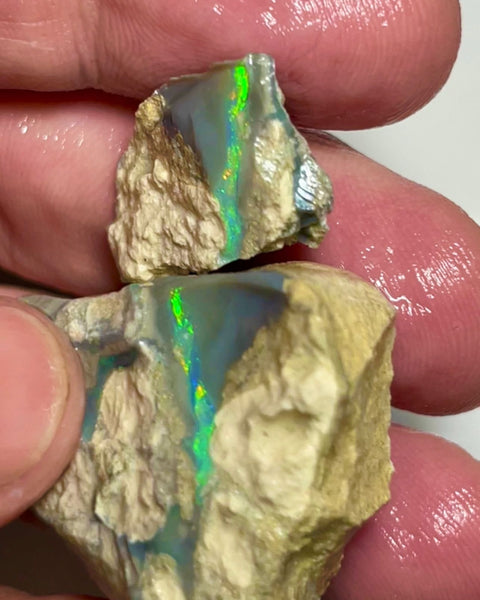 Bling Huge Grawin Dark base Multicolour Seam opal formation split pair 120.00cts Exotic Bright Vibrant Green dominant M.fires Sand/clay host rock Own a piece of Grawin 35x30x17 & 25x17x9 mm NSW070