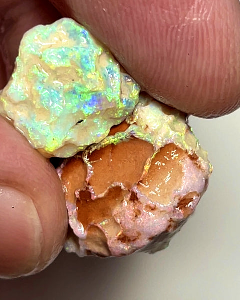 Lightning Ridge 18cts Nice pair of Dark base Crystal Opal formations rough to cut/carve or Collect Gorgeous Bright Multicolours  18x15x8mm & 14x11x4mm 1004