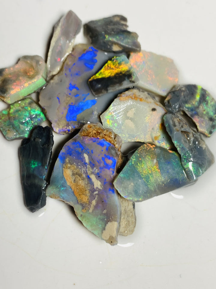 Lightning Ridge Opal Rub n rough Parcel Black & Semi Black  parcel from the Miners Bench® 64cts Stunning Bright Multifires to faces 27x22x3mm to 10x8x4mm WST85