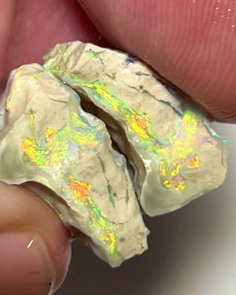 Lightning Ridge Rough Opal Dark Base Knobby Formation Split Pair 17.5cts Yellow/Orange Dominant Multifires 20x14x8mm & 17x10x7mm WAC05