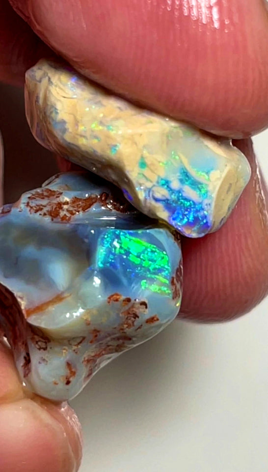 Lightning Ridge Rough Opal 33cts Pair Bright Dark Base Knobby Nice Bright Multi colour fires to Cut / carve & polish 21x18x14mm to 19x14x7mm 1011