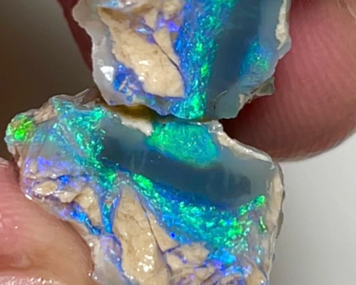 Lightning Ridge Dark Crystal base knobby opal rough Split 16.75cts Gorgeous Exotic Bright Greens & Blues to cut 17x14x10 & 11x8x5mm NSW093