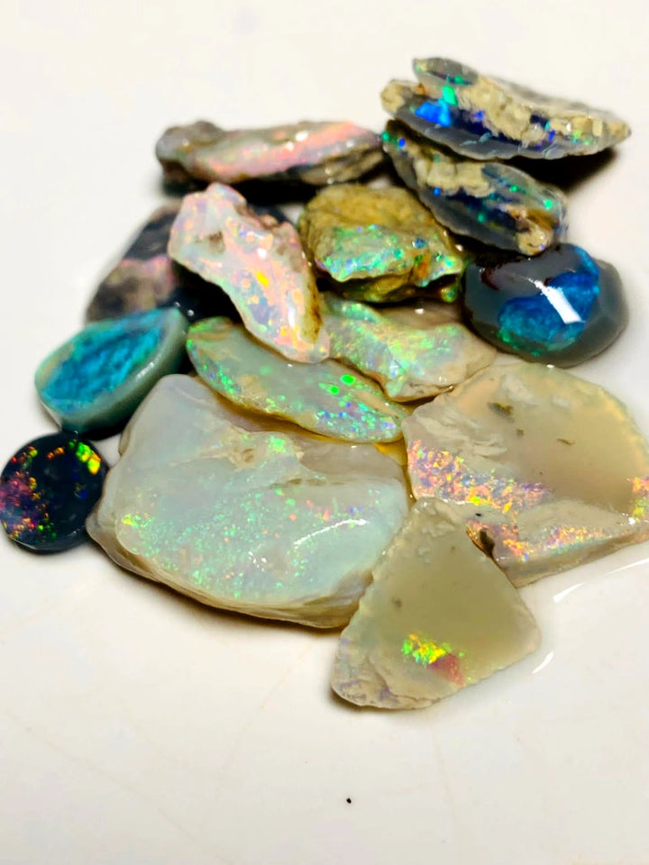 Lightning Ridge Opal Rough n Rub Parcel Black Dark & Crystal Quality Miners Bench® 51cts Bright Multifires 20x15x6mm to 11x8x4mm WAA71