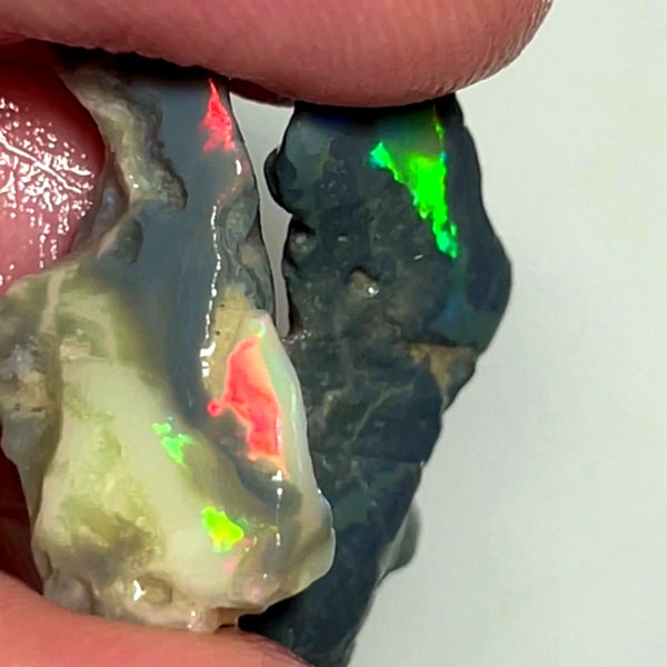 Lightning Ridge Opal Rough n Rub Pair Black & Dark Bases 15cts Showing nice Bright Multifires  23x18x5 & 22x10x4 mm WAE64