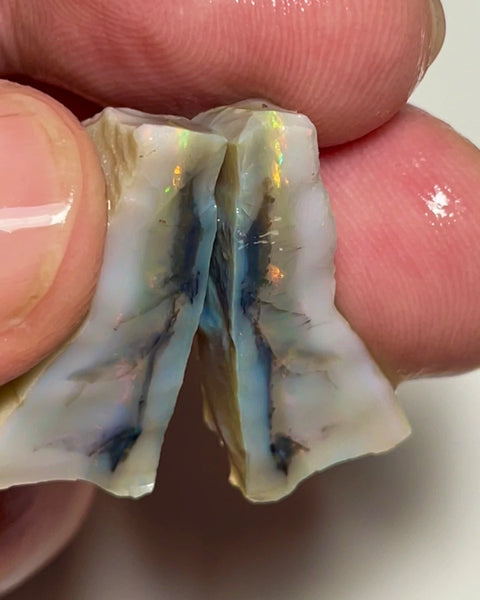 Gorgeous Dark Base Seam rough split pair 31.00cts Yellow dominant Multifires bits of reds showing lots of potential  26x8x8 & 26x7x6mm NSW121
