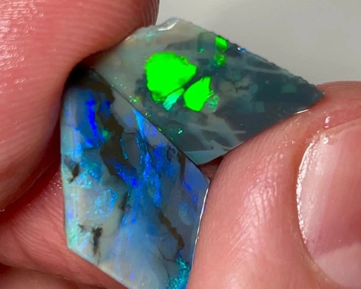 Mintabie Opal Dark Base Seam Rough Rub 5.75cts Bright Blues & Greens 22x11x2mm & 14x12x3mm 1415