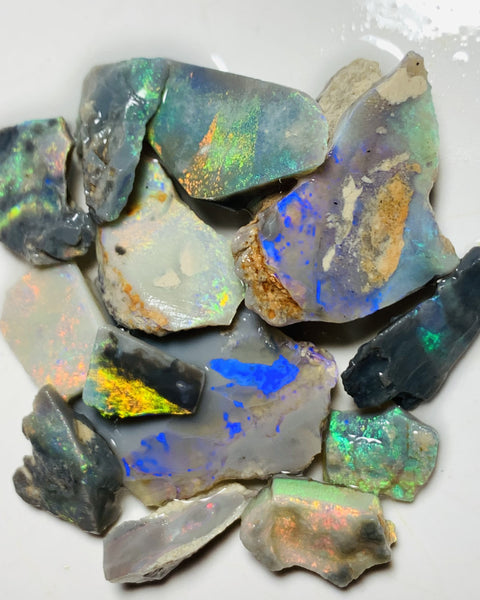 Lightning Ridge Opal Rub n rough Parcel Black & Semi Black  parcel from the Miners Bench® 64cts Stunning Bright Multifires to faces 27x22x3mm to 10x8x4mm WST85