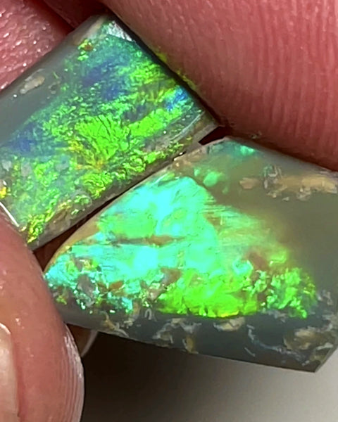 Australian Opal Rubs rough Pair 3.25cts Green dominant Bright Vivid Multifires to faces 12x9xx1 & 12x7x2MMs WAE67