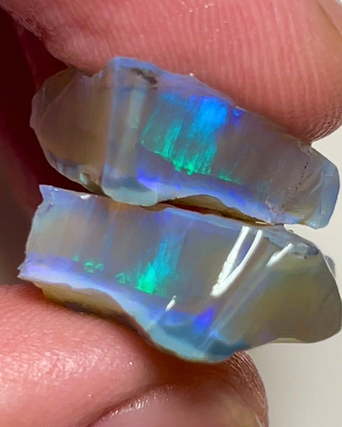 Coober Pedy Dark Crystal Seam opal rough split pair 30.00cts Green./Blue sun flashes 24x15x6mm & 20x18x5mm NSW186