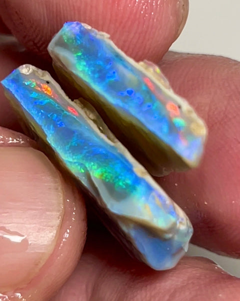 Stunning Lightning Ridge Seam opal rough Split 29.75cts Bright Gorgeous Blues & Greens with some Reds in flat bars to cuts 25x18x5mm & 30x25x4mm NEW935