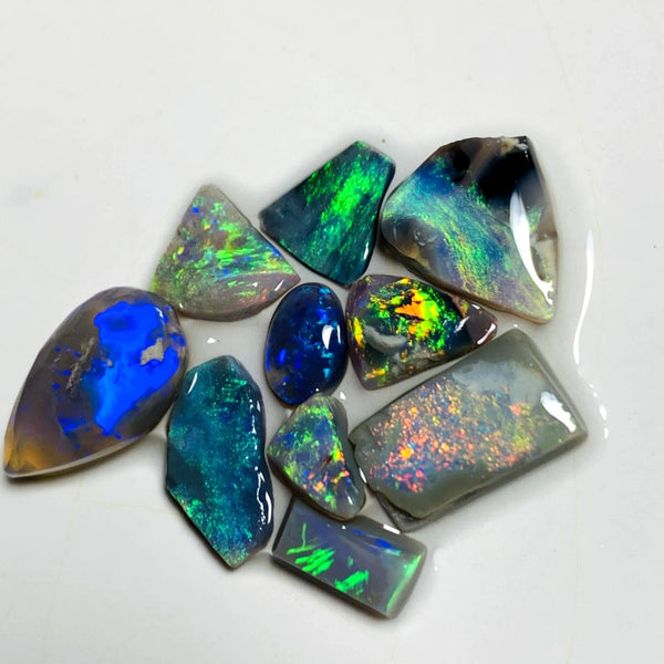 OPAL MONTH SPECIAL Lightning Ridge Opal Rough Rub Preform Parcel Black Dark & Crystal Miners Bench® 15.75cts Stunning Bright Multifires & patterns to faces 15x8x6mm to 6x3x2mm WAA15