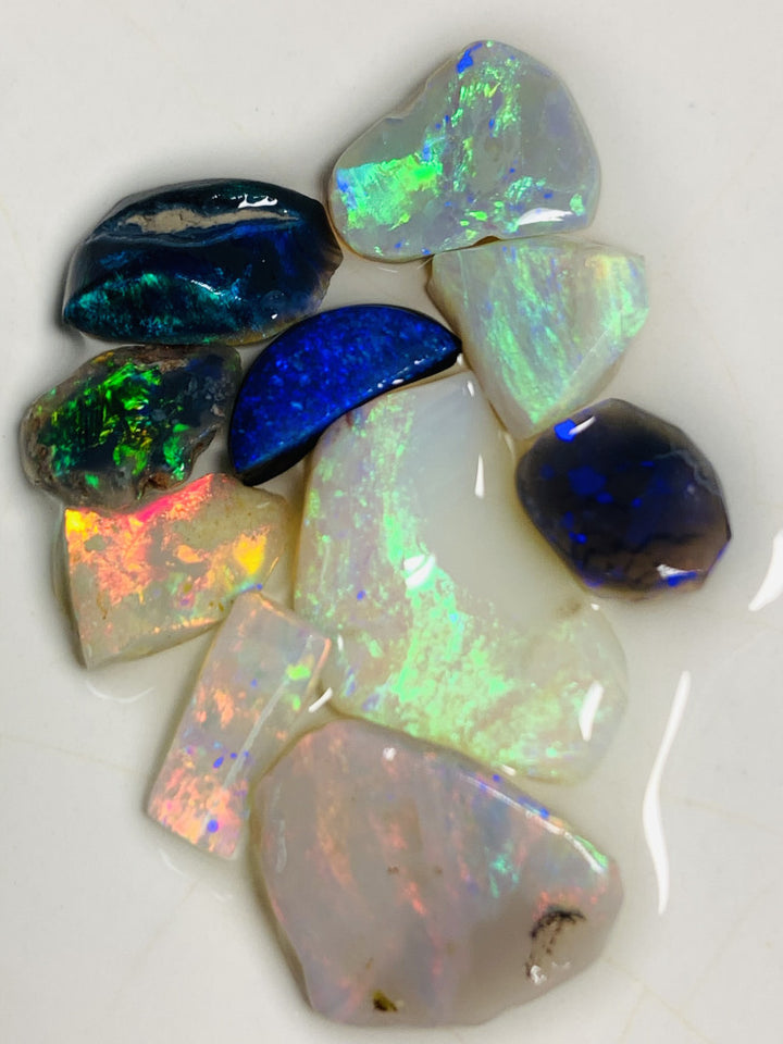 Lightning Ridge Opal Rubs Parcel Black , Semi Black & Crystal parcel from the Miners Bench® 18.5cts Stunning Bright Vivid fires to faces 17x12x3mm to 9x3x1.5mm WST68