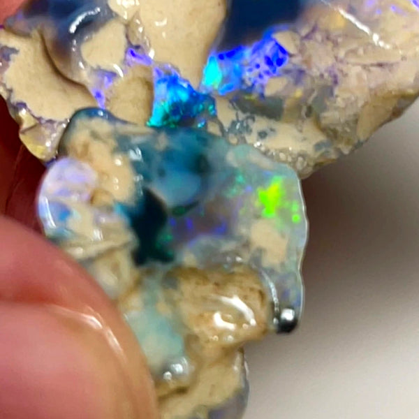 Lightning Ridge 28cts Nice pair of Dark base Crystal Opal formations rough to cut/carve Gorgeous Bright Multicolours 27x18x7 & 18x15x8mm WAE63