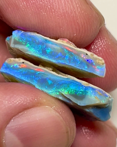 Stunning Lightning Ridge Seam opal rough Split 29.75cts Bright Gorgeous Blues & Greens with some Reds in flat bars to cuts 25x18x5mm & 30x25x4mm NEW935
