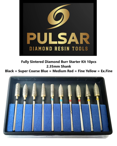 PULSAR DIAMOND® Lapidary Starter Set of 10 x Fully Sintered Diamond Burr 2.35mm Shank size S.Coarse-Medium-Fine-Ex.Fine for grinding Opal & Gemstones, Glass, Stone, Metal Polishing Fits Dremel Foredom & Pulsar tools