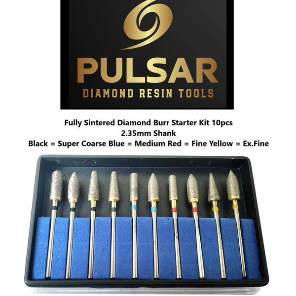 PULSAR DIAMOND® Lapidary Starter Set of 10 x Fully Sintered Diamond Burr 2.35mm Shank size S.Coarse-Medium-Fine-Ex.Fine for grinding Opal & Gemstones, Glass, Stone, Metal Polishing Fits Dremel Foredom & Pulsar tools