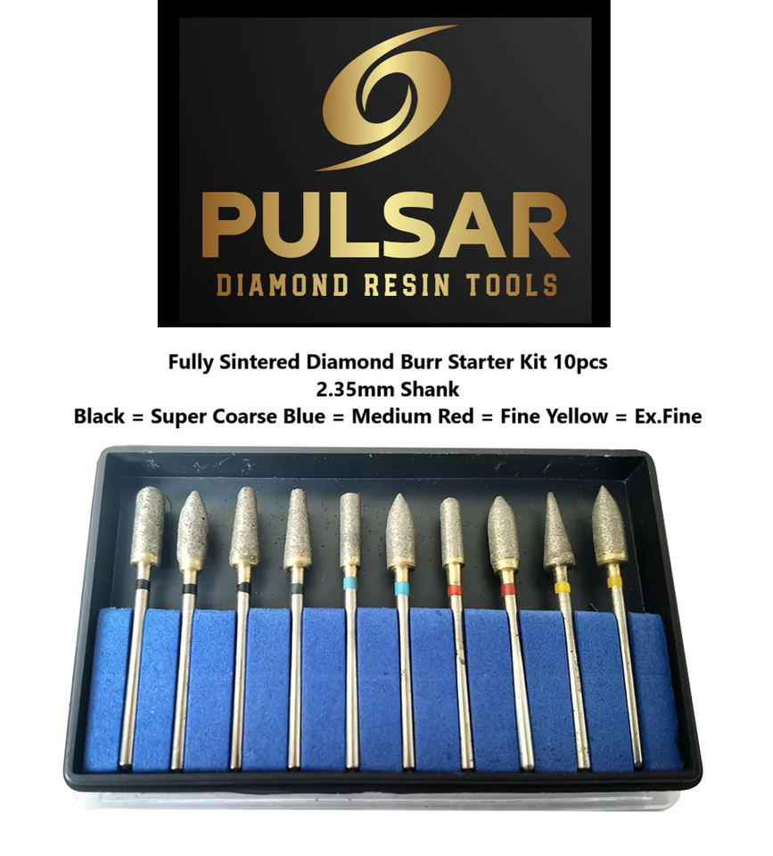 PULSAR DIAMOND® Lapidary Starter Set of 10 x Fully Sintered Diamond Burr 2.35mm Shank size S.Coarse-Medium-Fine-Ex.Fine for grinding Opal & Gemstones, Glass, Stone, Metal Polishing Fits Dremel Foredom & Pulsar tools