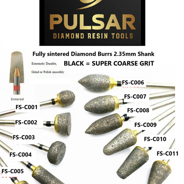 PULSAR DIAMOND® Set of 10 x Fully Sintered Diamond Burr 2.35mm Shank size for grinding Opal & Gemstones, Glass, Stone, Metal Lapidary Polishing Fits Dremel Foredom & Pulsar tools