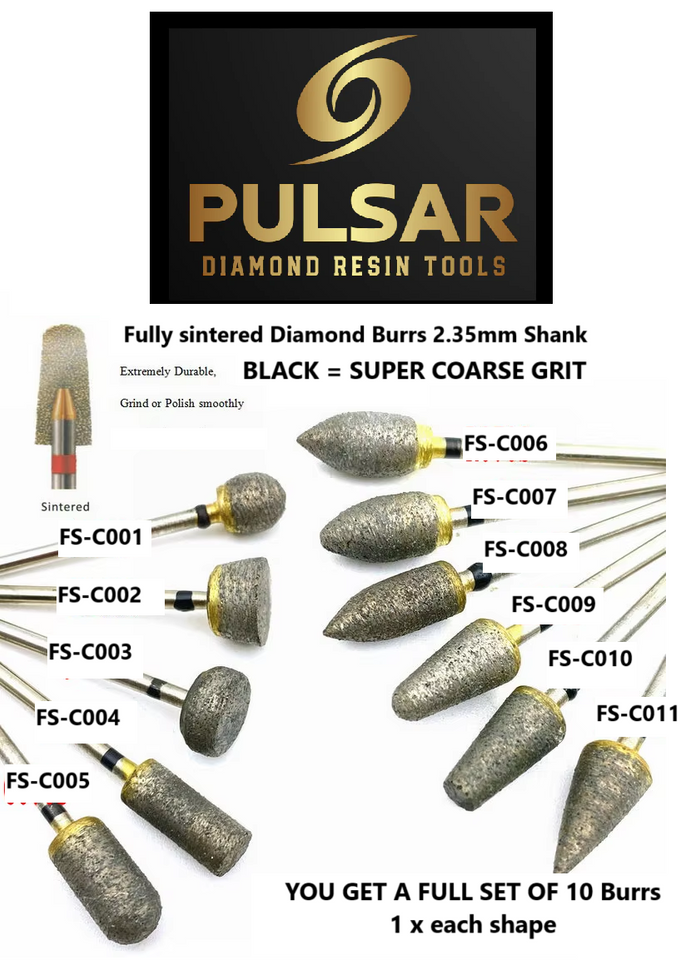 PULSAR DIAMOND® Set of 10 x Fully Sintered Diamond Burr 2.35mm Shank size for grinding Opal & Gemstones, Glass, Stone, Metal Lapidary Polishing Fits Dremel Foredom & Pulsar tools