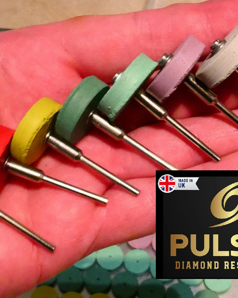 PULSAR DIAMOND® Mini Ripper™ High Purity Diamond Resin Wheels 7 piece Sets 800-1500-3k-6k-10k-15k-30k Grits 2.35mm or 3mm mandrels 22mm Diameter x 5mm Width Soft-Touch Resin Designed for opal  Lapidary Burr For Rotary Tools carving points MADE IN THE UK