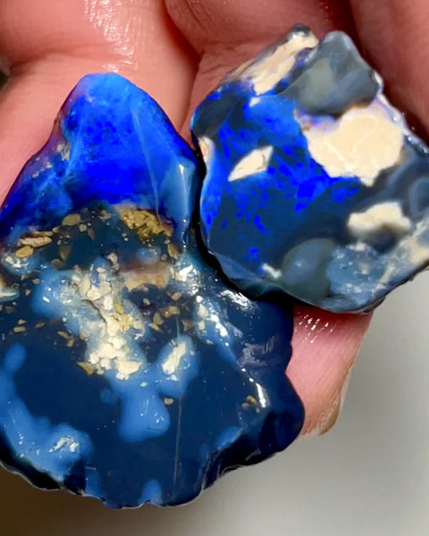 Big Blue on Black/Dark Rub rough seam opal pair 38cts L/Ridge nice Blues 30x25x5mm & 18x13x4mm NSW142