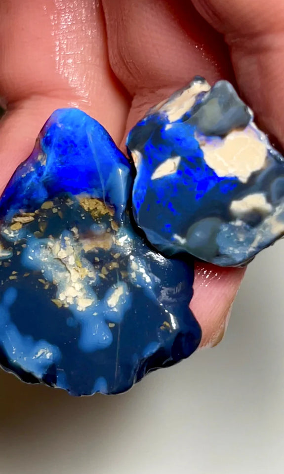 Big Blue on Black/Dark Rub rough seam opal pair 38cts L/Ridge nice Blues 30x25x5mm & 18x13x4mm SKU#0267