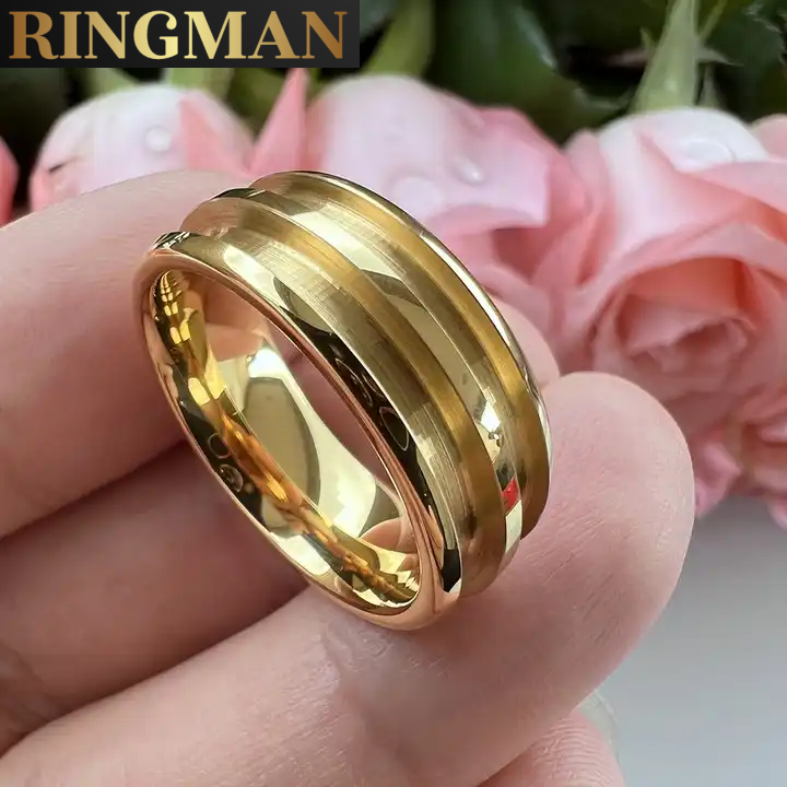 Hi Quality RingMan™ Tungsten Ring Blank for opal or other inlay 8mm wide ring with 2.5mm Double channel UK sizes Gold Plated High polish