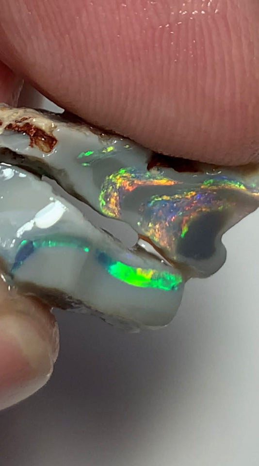 Australian Rough Opal 17cts Exquisite Pair Handpicked Select Semi Black Seams lots of Super Bright Multi colour fires to Cut 22x19x4mm & 20x9x8mm WSE678