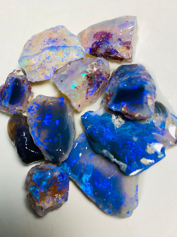 Australian Opal Rough n Rub Parcel Black, Semi Black & Crystal From the Miners Bench®  43cts Bright blue fires 19x14x3mm to 9x7x6mm WSQ91