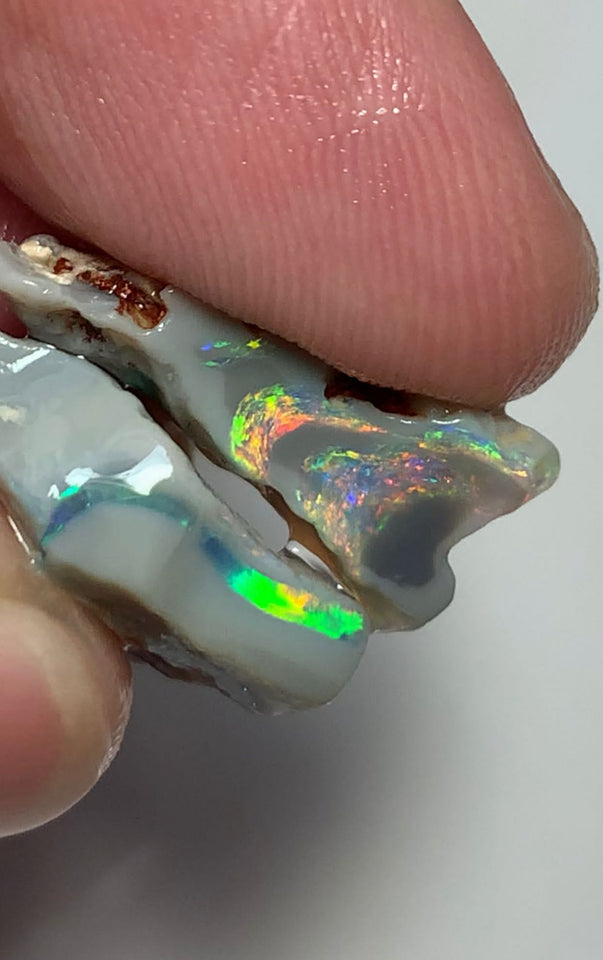 Australian Rough Opal 17cts Exquisite Pair Handpicked Select Semi Black Seams lots of Super Bright Multi colour fires to Cut 22x19x4mm & 20x9x8mm WSE678