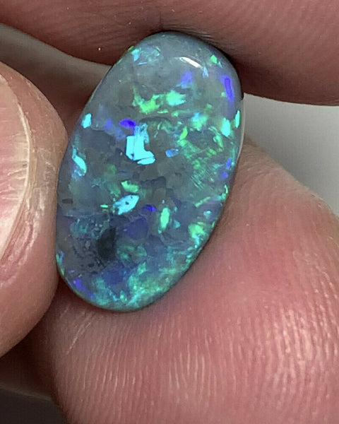 Australian Black Opal Gemstone 3.9cts N4 Body Tone B3 Brightness Confetti Pattern Green / Blue fires 15x8x3mm  GEM1227