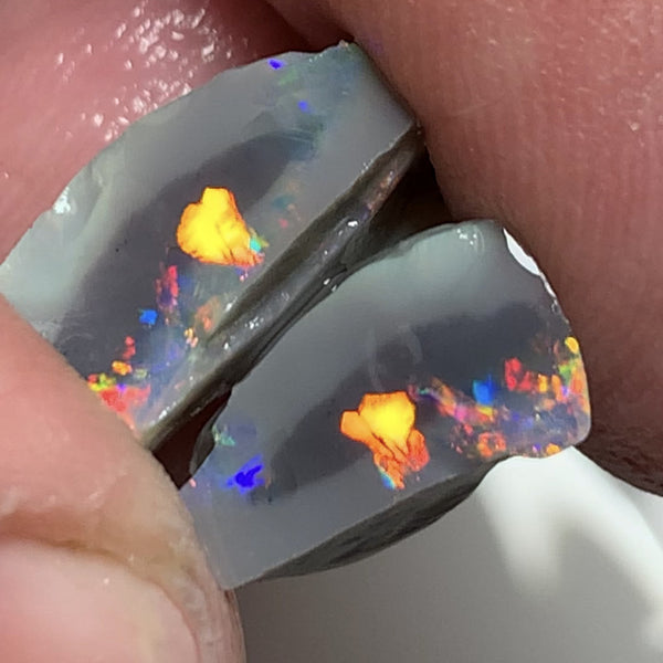 Australian Rough Opal Gem Grade semi Black knobby split pair 8.75cts Professional Cutters only! Stunning Bright exposed Reds & Multifires 15x6x9mm & 12x6x5mm WSN27