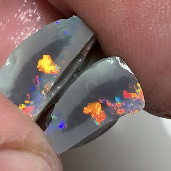 Australian Rough Opal Gem Grade semi Black knobby split pair 8.75cts Professional Cutters only! Stunning Bright exposed Reds & Multifires 15x6x9mm & 12x6x5mm WSN27