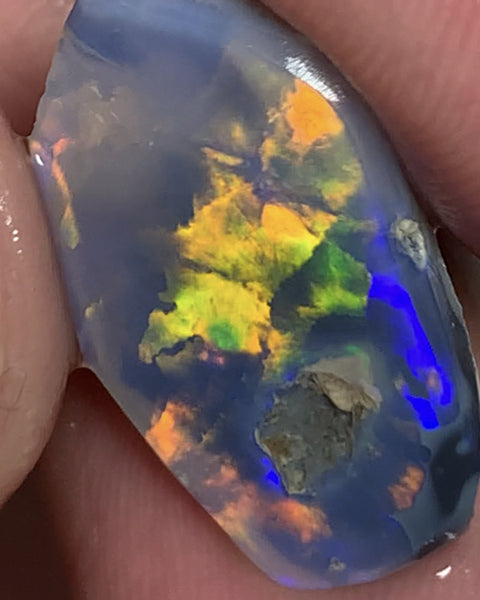 Australian Opal Gem Grade Single semi Black 5cts Rub/Rough Super bright Orange/Yellow & Multifires Broad flash / almost Flagstone pattern 22x14x2mm WSN28