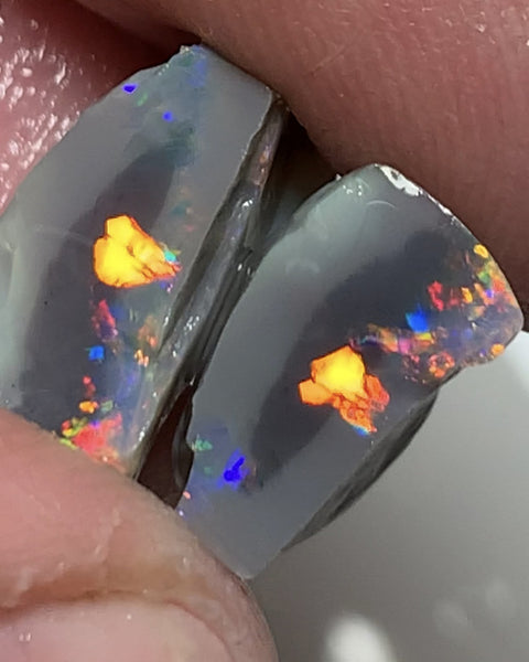 Australian Rough Opal Gem Grade semi Black knobby split pair 8.75cts Professional Cutters only! Stunning Bright exposed Reds & Multifires 15x6x9mm & 12x6x5mm WSN27